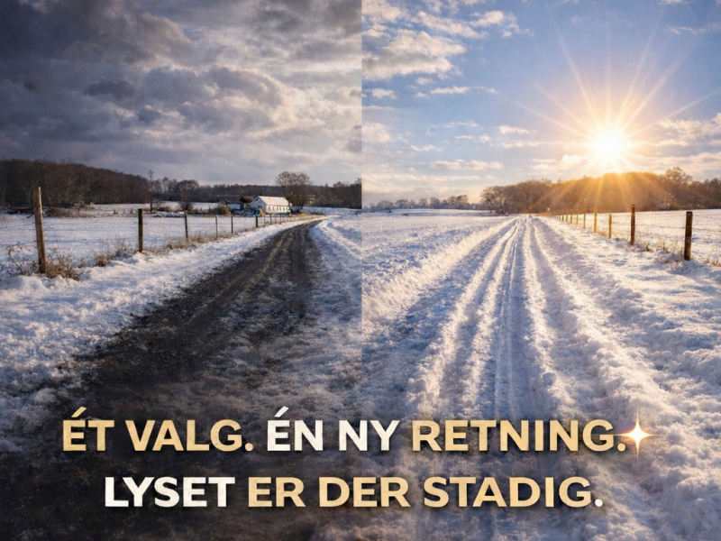 Sneklædt vej delt i to retninger – én mørk og én lys – som symboliserer valget mellem begrænsende tanker og et nyt mindset med håb, klarhed og personlig udvikling.