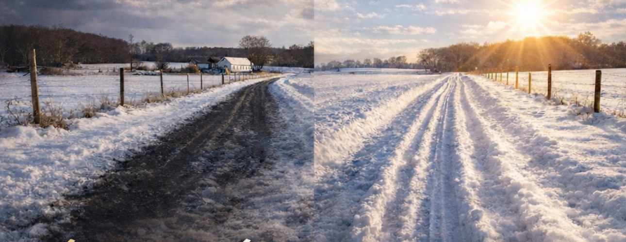 Sneklædt vej delt i to retninger – én mørk og én lys – som symboliserer valget mellem begrænsende tanker og et nyt mindset med håb, klarhed og personlig udvikling.