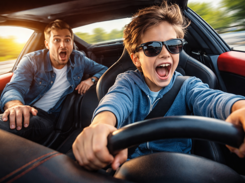 Illustration af far på bagsædet mens barn styrer bilen – symbol på autopilot og tab af kontrol, fra Nanna Felds blog Fra autopilot til handling om Nice Guy-mønstret