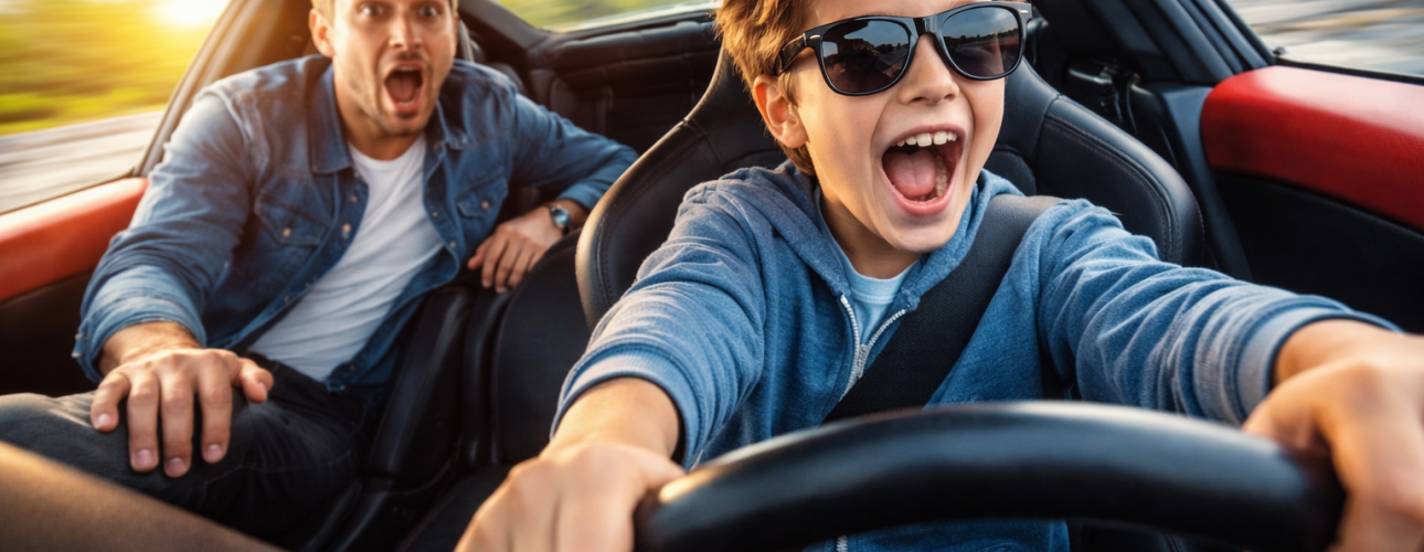 Illustration af far på bagsædet mens barn styrer bilen – symbol på autopilot og tab af kontrol, fra Nanna Felds blog Fra autopilot til handling om Nice Guy-mønstret