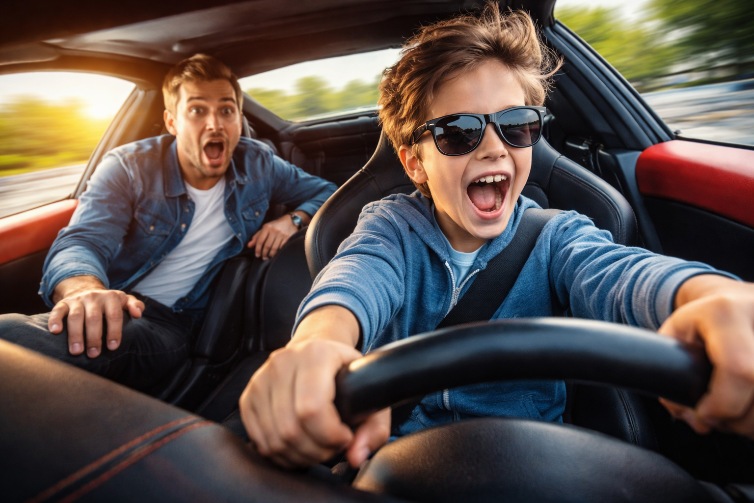 Illustration af far på bagsædet mens barn styrer bilen – symbol på autopilot og tab af kontrol, fra Nanna Felds blog Fra autopilot til handling om Nice Guy-mønstret